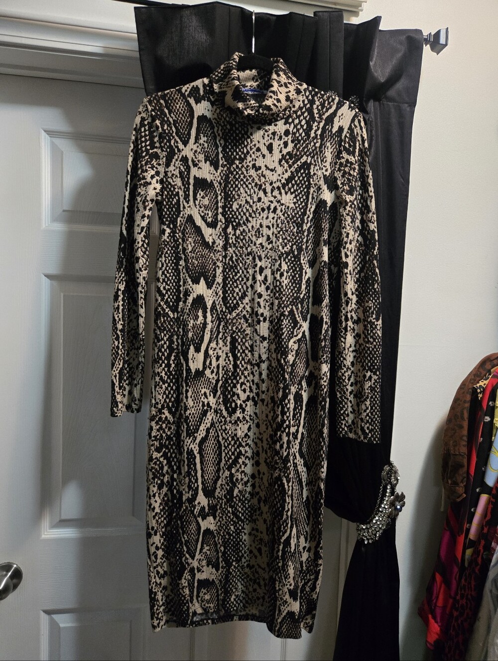 ZARA Snake Print Long Sleeve Dress - Beige & Black sz M